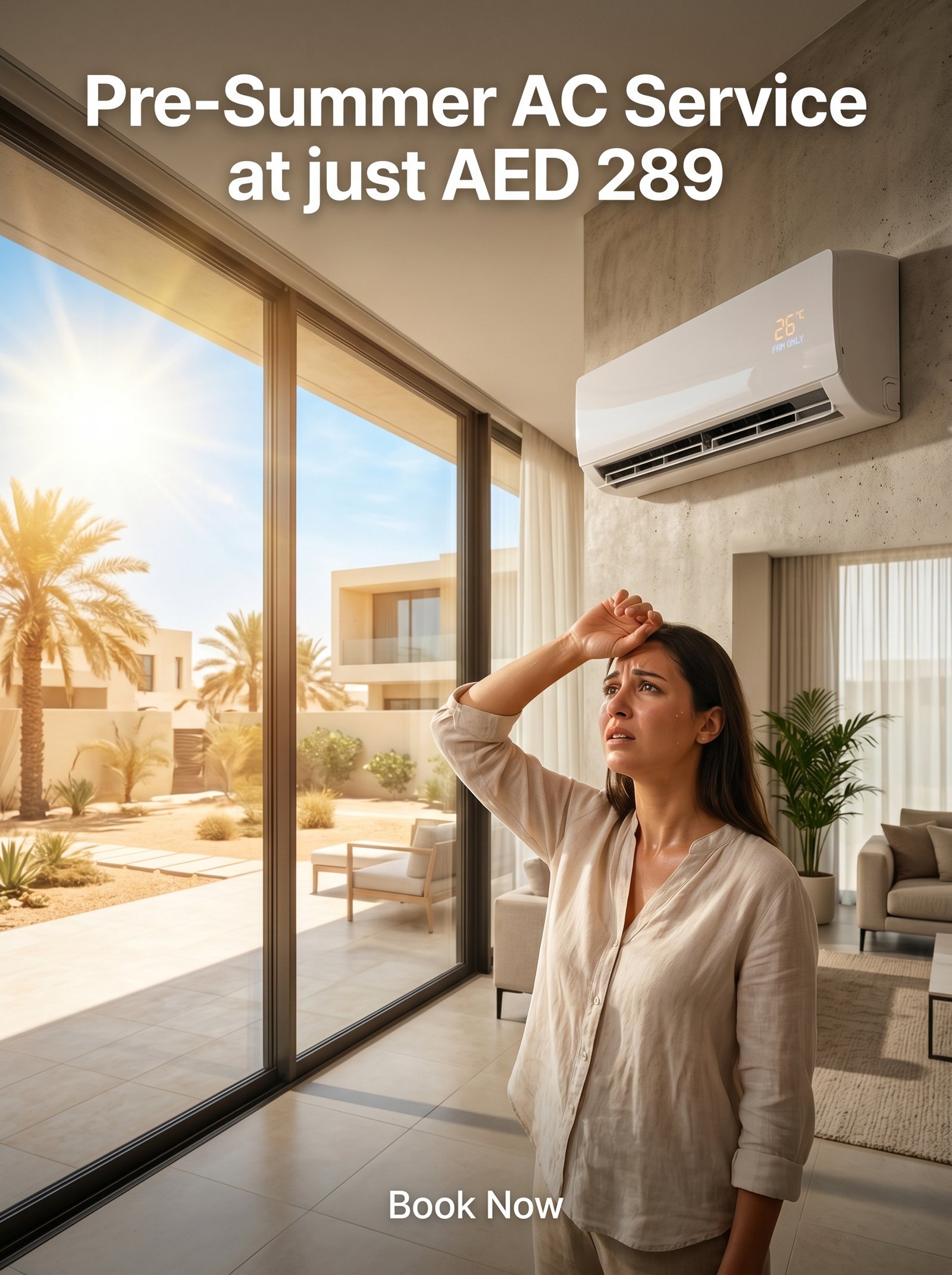 Woman feeling the heat under a wall-mounted AC during pre-summer conditions